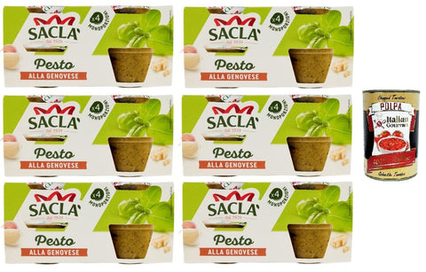 Saclà, Genueser Pesto 4xME, Gewürz für Pasta und zur Bereicherung Ihrer Gerichte, mit italienischem Basilikum, 4 Einzelportionen à 45g, 6x180gr+ Italian Gourmet polpa 400g