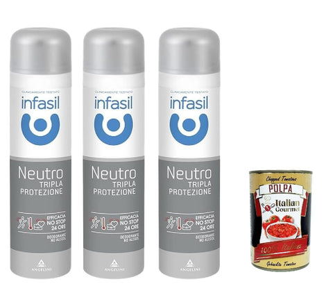 Infasil Deodorant-Spray Neutral Dreifach-Schutz, Schutz und Wirksamkeit gegen Schweiß und schlechte Gerüche, Deo 3x 150 ml + Italian Gourmet polpa 400g