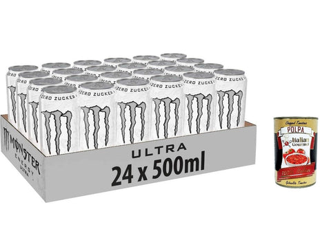 Monster Energy Ultra White - koffeinhaltiger Energy Drink mit sanftem Zitrus-Geschmack - ohne Zucker und ohne Kalorien - in praktischen Einweg Dosen (24 x 500 ml) + Italian Gourmet polpa 400g