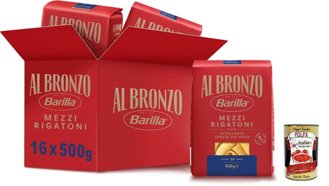 Barilla Pasta Al Bronzo Mezzi Rigatoni 100% italienischer Weizen, Bronze -Zeichnungsnudeln mit roher Bronzeverarbeitung, oft und volles Format, 16x 500 g + Italian Gourmet polpa 400g