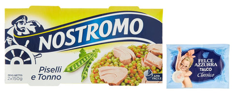 10er-Pack Nostromo Tonno e Piselli Fertiggericht mit Thunfisch und Erbsen,2x150g + 1er-Pack Kostenlos Felce Azzurra Talkumpuder, 100g-Beutel