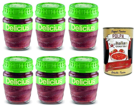6x Delicius Filetti Di Alici In Olio Di Girasole,Sardellenfilets in Sonnenblumenöl,Hochwertiger Blauer Fisch,Glas 58g + Italian Gourmet Polpa di Pomodoro 400g Dose