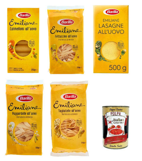 Testpaket Barilla Pasta all' Uovo Le Emiliane , Eiernudeln, Pasta mit Ei 4x 250g 1x 500g + Italian Gourmet polpa 400g