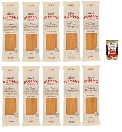 Rummo Spaghettini n° 2 Pasta Lenta Lavorazione Teigwaren aus Hartweizengrieß Bronze-Zeichnung 10x 500g + Italian Gourmet polpa 400g