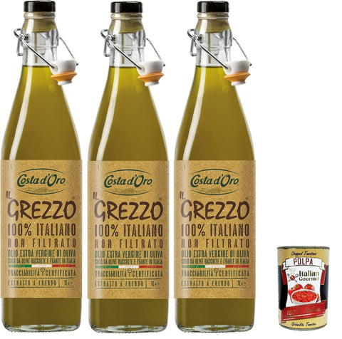 Costa d'Oro Il Grezzo Olio extra vergione di oliva, Extra Natives Olivenöl - Ungefiltertes & Kaltgepresstes 3x 1lt + Italian Gourmet polpa 400g
