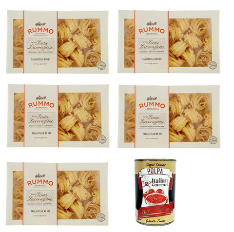 Rummo Tagliatelle N° 107, Pasta Lenta Lavorazione Teigwaren aus Hartweizengrieß Bronze-Zeichnung 5x 500g + Italian Gourmet polpa 400g