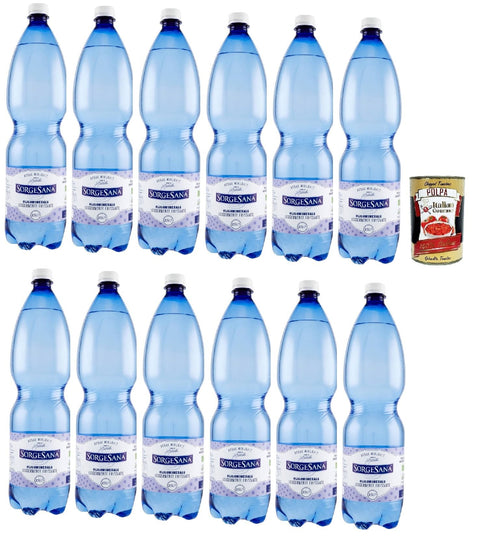 Sorgesana Acqua Minerale Oligominerale Leggermente Frizzante, 12x 1,5 L, Leicht funkelndes Mineralwasser + Italian Gourmet polpa 400g
