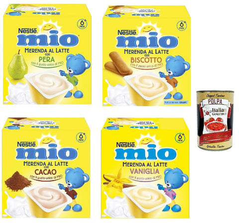 TestPaket MIO Snack 1x MIO Vanille-Milch-Snack, 1x MIO Milchsnack mit Birne, 1x Mio Snack mit Kakaomilch, 1x Mio -Keks-MilchSnack+ Italian Gourmet polpa 400g