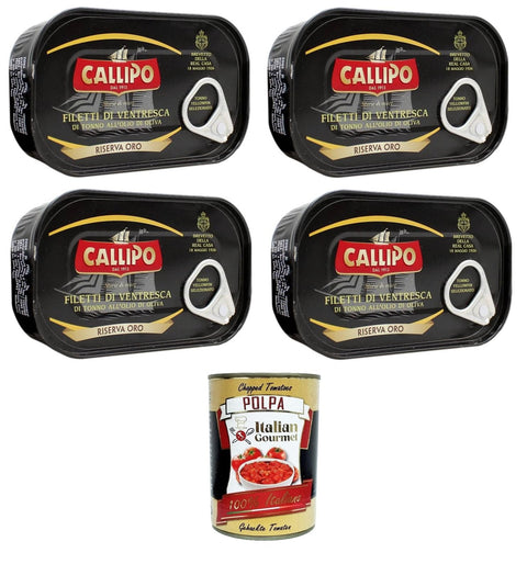 Callipo Filetti di Ventresca di Tonno all'olio di oliva Thunfischbauchfilets in Olivenöl 4x125gr + Italian Gourmet polpa 400g