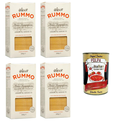 Rummo Lasagne all'uovo n.173 Bronze Gezeichnete, Pasta mit ei, Eierpaste 4x Packungen mit 500 g + Italian Gourmet polpa 400g