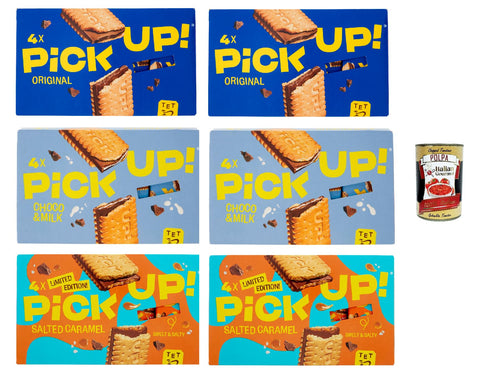 Pick Up Testpaket ,Milchschokoladentafel im Doppelkeks, 6x 112g Packung, Jede Packung enthält 4 Kekse à 28g + Italian Gourmet Polpa di Pomodoro 400g Dose