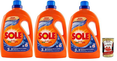 Sole Bianco Splendente, Flüssigwaschmittel für die Waschmaschine. Schützt die Farbe und entfernt Flecken bei niedrigen Temperaturen, 41 Wäschen, 3x 1845ml + Italian Gourmet polpa 400g