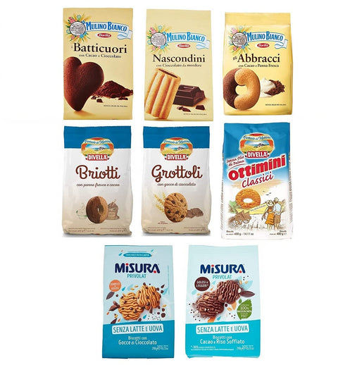 Testpaket Italienische Kekse Mulino Bianco 1x Nascondini + 1x Batticuori + 1x Abbracci + Divella 1x Briotti + 1x Grottoli + 1x Ottimini Classici + Misura 1x Gocce di Cioccolato + 1x Riso Soffiato