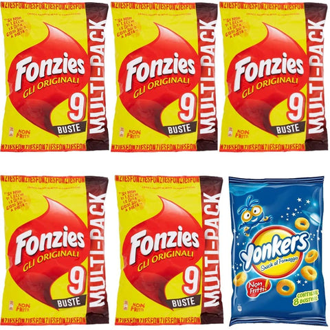5x Fonzies Maissnack mit Käse 9 Portionstüten á 23g chips + 1x Yonkers 8 Portionstüten á 120g Käsechips