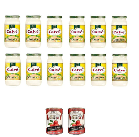 12x Calve Calvè Klassik Mayonnaise mayo classic Fritessoße Soße Sauce glass 500ml + Italian Gourmet 100% italienische geschälte Tomaten dosen 2x 400g