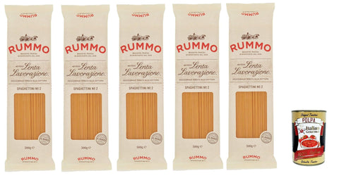 Rummo Spaghettini n° 2 Pasta Lenta Lavorazione Teigwaren aus Hartweizengrieß Bronze-Zeichnung 5x 500g + Italian Gourmet polpa 400g