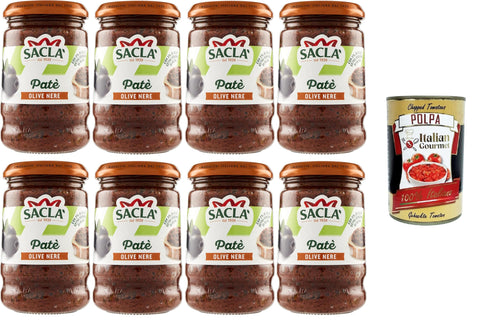 Saclà, Patè di Olive Nere Patè aus schwarzen Oliven, ideal für einen Aperitif und zur Bereicherung Ihrer Gerichte, Glas, 8x190 g + Italian Gourmet polpa 400g