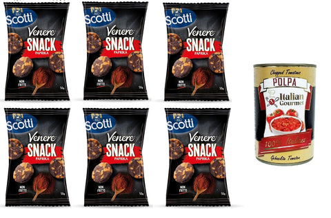 Riso Scotti Venere Snack Paprika, brauner Reis, knuspriger und leckerer, nicht frittierter Snack für Pausen und Aperitifs, glutenfrei, 100% pflanzlich, 6x50 g+ Italian Gourmet polpa 400g
