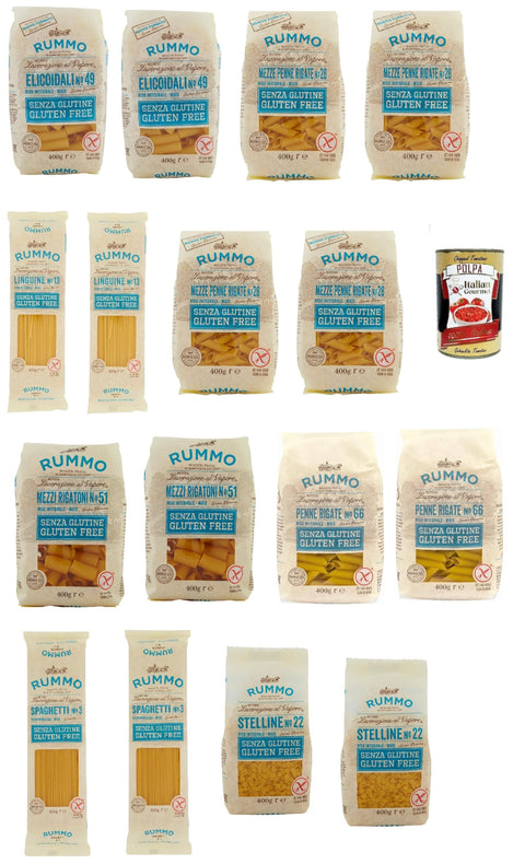 Rummo Pasta Testpaket senza Glutine, gluten free, 100% italienische Pasta nudeln glutenfrei 16x 400g + Italian Gourmet polpa 400g