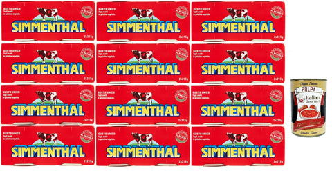 SIMMENTHAL carne in scatola, Rindfleisch in Aspik 12x (2x 215g) 100% Italienisch Fleisch Aspikfleisch + Italian Gourmet polpa 400g