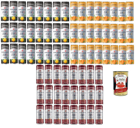 Testpaket, Chinotto zero, Cocktail zero, aranciata zero, Erfrischungsgetränk Ingwer Zero dosen ohne Zucker 72x 33cl Aperitivo Softdrink ohne Alkohol ohne Zucker+ italian gourmet polpa 400g