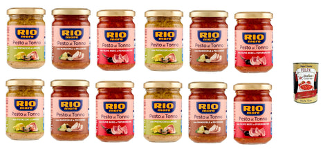 Rio Mare Pesto al Tonno testpaket, Thunfischpesto kochsauce mit Mandeln und Pecorino - mit Pistazien und Zitrone - mit schwarzen Oliven und Chili 12x 130g + Italian Gourmet polpa 400g