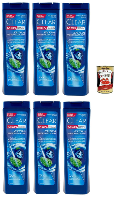 Clear Extra Freschezza 24H Men Shampoo für alle Haar- und Kopfhauttypen - Extra Frische Shampoo 6x 225ml + Italian Gourmet polpa 400g