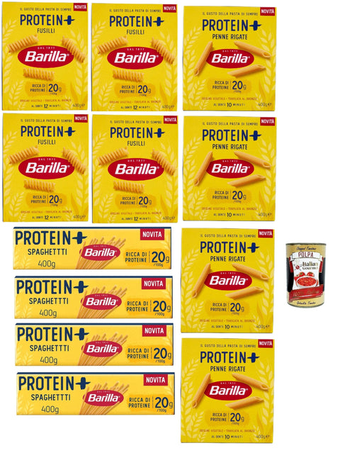 Barilla Protein +, Testpaket, High protein, Italienische Hartweizennudeln, 12 Packungen à 400g, Pasta aus 100% italienischem Hartweizen, + Italian Gourmet polpa 400g