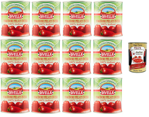Divella Pomodori Pelati Pflaumenschälende Tomaten, 100% italienisch 12 x 800 g + Italian Gourmet Polpa 400g