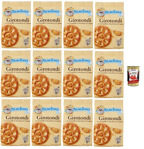 Mulino Bianco Girotondi Biscotti con Granelli di Zucchero di Canna, Kekse mit Zuckerzuckerkörnern, Ohne Palmöl, Frühstück voller Geschmack, buscits cookies 12x 350 g + Italian Gourmet polpa 400 g