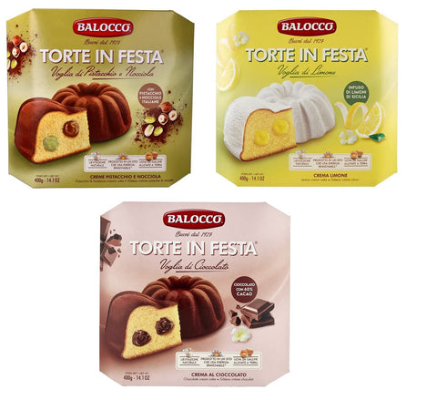 Balocco Desserts TESTPAKET Balocco Torte in Festa Kuchen gefüllt mit Pistazien und Haselnusscreme - mit Schokoladencreme - mit Zitronencreme ( 3 x 400g ) 8001100070810