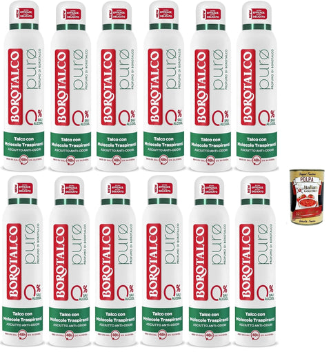 Borotalco Antitranspirant-Deo Borotalco, Deodorante Spray Puro, mit Talk mit atmungsaktiven Molekülen, Formel ohne Alkohol und Aluminiumsalze, trockene Anti-Podiums, 48 Stunden Wirksamkeit 12x 150ml + Italian Gourmet polpa 400g 8002410045697