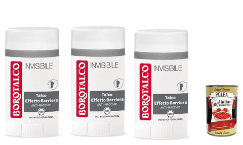 Borotalco Deo Borotalco, Deodorant Deo Stick Invisibile, ohne Alkohol,mit Talk des Barriereffekts, fängt und überträgt keine Laions, 48 Stunden Wirksamkeit, 3x 40ml + Italian Gourmet polpa 400g 80780403