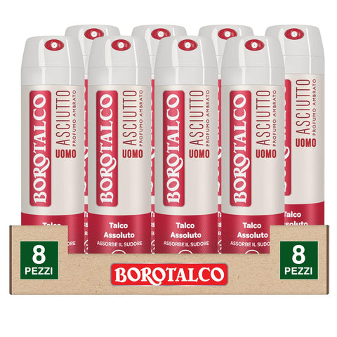 Borotalco Deo Borotalco Trockenes Lufterfrischer-Spray für Herren Deo 72 Stunden mit Talkum, absorbiert Schweiß ohne Alkohol, Duft Bernstein, 8 Flaschen à 150 ml 8002410038163