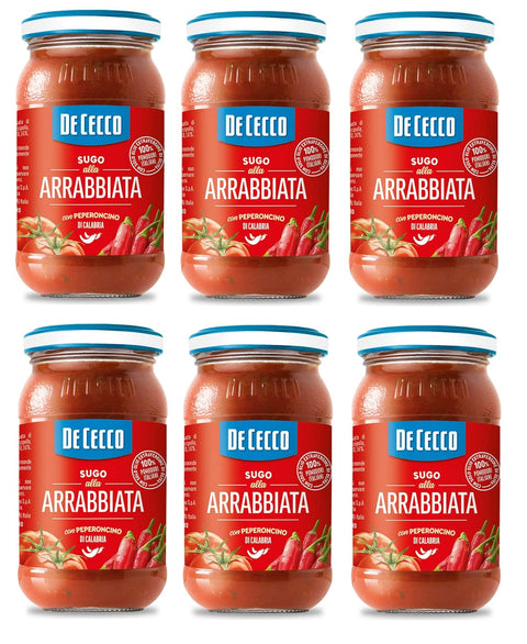 De Cecco Pastasaucen 6x De Cecco Sugo all'Arrabbiata con Peperoncino di Calabria Sauce mit Kalabrische Chili 100% italienische Tomaten 200g 8001250006820