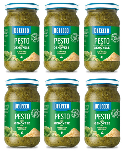 De Cecco Pesto 6x De Cecco Pesto alla Genovese con Parmigiano Reggiano senza aglio Pesto mit frischem Basilikum, Parmigiano Reggiano ohne Knoblauch 190g Italienisches Sauce 8001250016508