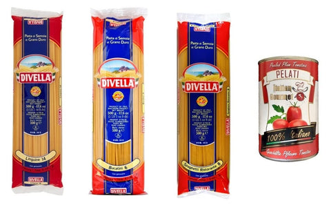 Divella Pasta TESTPAKET Divella Pasta 1x Spaghetti Ristorante n°8 1x Linguine n°14 1x Bucatini n°6 ( 3 x 500g ) + 1x Italian Gourmet 100% italienische geschälte Tomaten dosen 400g 8022180032970