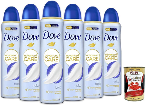Dove Deo Dove Deodorante Spray Advanced Care Talco, deo Mit feuchtigkeitsspendenden und empfindlichen Formel,ohne Alkohol, 72 Stunden, 6x 150 ml + Italian Gourmet polpa 400g 8720181291876