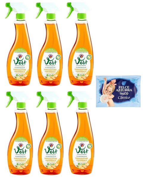 Felce Azzurra Allzweckreiniger 6er-Pack Chanteclair Vert Sgrassatore Universale Arancia e Zenzero,Ökowaschmittel,Universal-Entfetter Orange und Ingwer,625ml + 1er-Pack Kostenlos Felce Azzurra Talkumpuder, 100g-Beutel 8001280026102