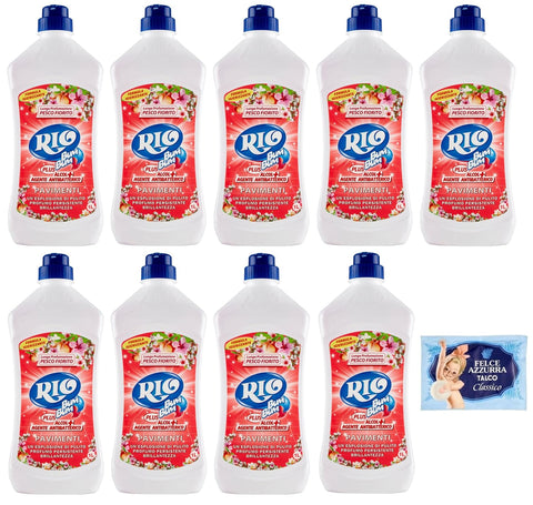 Felce Azzurra Bodenreinigung 9er-Pack RIO Bum Bum Pavimenti, Bodenreiniger mit Alkohol, Pfirsichblüte Duft,1Lt + 1er-Pack Kostenlos Felce Azzurra Talkumpuder, 100g-Beutel 8001280026102
