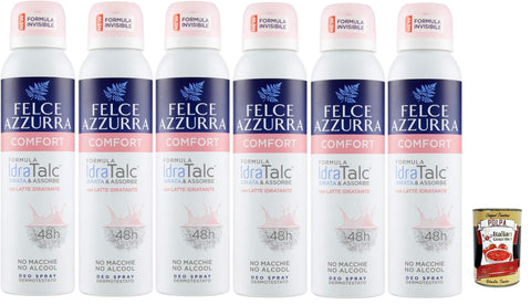 Felce azzurra Deo Felce Azzurra, Deodorante Spray Comfort con Latte Idratante, deo spray mit feuchtigkeitsspendender Milch, 48 Stunden wirksam, hinterlässt keine Flecken 6x 150 ml + Italian Gourmet polpa 400g 8001280031229