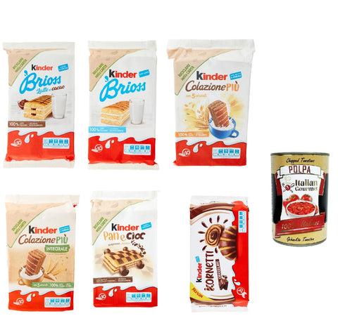 Ferrero Kekse Kinder Ferrero Mega pack - Brioss, paneciok, kornetti Kuchen mit Milch und Kakao 6 Stück Kekse Riegel + Italian Gourmet polpa 400g 8000500283189