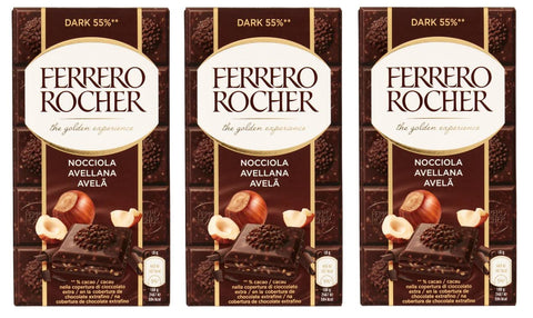 Ferrero Riegel 3x Ferrero Rocher Nocciola Dark 55% Tafel Zartbitter Dunkler Schokoriegel gefüllt mit Haselnüssen 90g 8000500359815