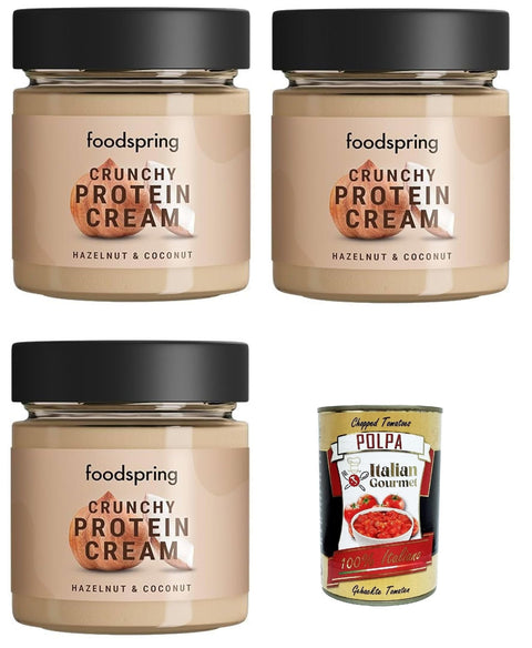 Foodspring Fruchtaufstrich Foodspring Coconut Crisp Crema Proteica al Crunchy Cocco e Nocciola Croccante, Proteincreme , Knusprige Kokosnuss und Haselnuss ohne Palmöl 3x 200g + Italian Gourmet Polpa di Pomodoro 400g Dose 4260701926597