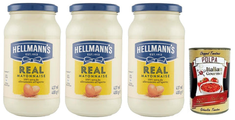 Hellmann's Mayonnaise 3x Hellmann's Real Maionese,Mayonnaise in Glas-Verpackung,432ml + Italian Gourmet Polpa di Pomodoro 400g Dose 8710908910104