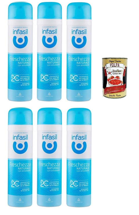 Infasil Deo Infasil Deodorant-Spray natürliche Frische mit Molekül 2C, ohne Alkohol, wirksam bis zu 24 Stunden, 6x 150 ml + Italian Gourmet polpa 400 8000036021637