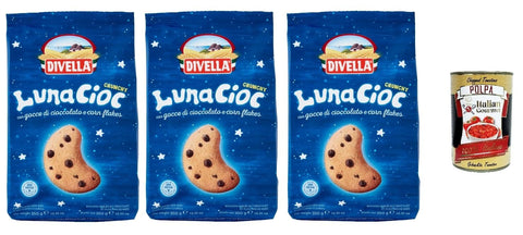 Italian Gourmet Abgepackte Gebäckstücke 3X DIVELLA LUNACIOC CRUNCHY Knusprige Kekse mit Schokoladensplittern, 350 g + Italian Gourmet polpa 400g 8005121214680
