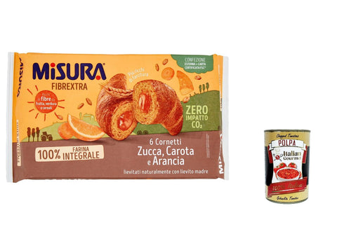 Italian Gourmet Abgepackte Gebäckstücke 6x Misura Cornetti Fibrextra Arancia Fibrextra Orangen-, Karotten und Kürbis Croissants 100 % Vollkornmehl, 300 g + Italian gourmet polpa 400g 8002590076870
