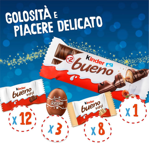 Italian Gourmet Adventskalender Kinder Bueno Calendario dell'Avvento Adventskalender 181g – Schokoladenfüllung mit Haselnusscreme – Perfekt für Weihnachten