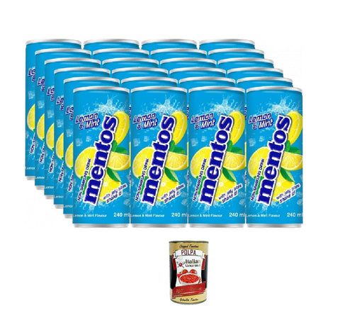 Italian Gourmet Bitter Lemon Mentos Lemon & Mint, Erfrischungsgetränk mit Zitronen- und Minzgeschmack und Kokosgeleestückchen, 24x240 ml+ Italian Gourmet polpa 400g 8801069417387